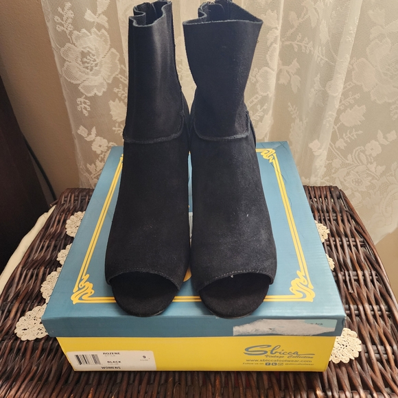 Sbicca Black Suede Peep-Toe Ankle Boots - Picture 1 of 6